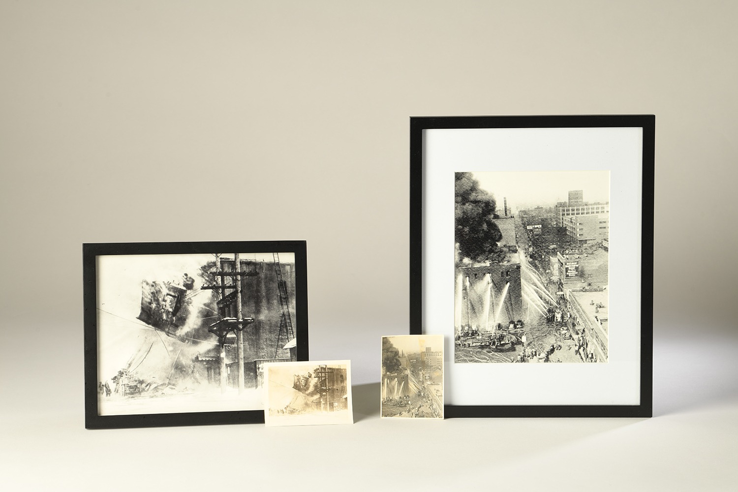 Two before-and-after photo restorations of fire history.